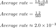 Average\ rate = \frac{1.8-0.6}{580} \\\\Average\ rate = \frac{1.2}{580} \\\\Average\ rate \approx 2.0 \times 10^{-3}