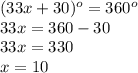 (33x+30)^o=360^o\\33x=360-30\\33x=330\\x=10