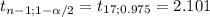 t_{n-1;1-\alpha /2}= t_{17;0.975}= 2.101