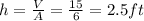 h=\frac{V}{A}=\frac{15}{6}=2.5 ft