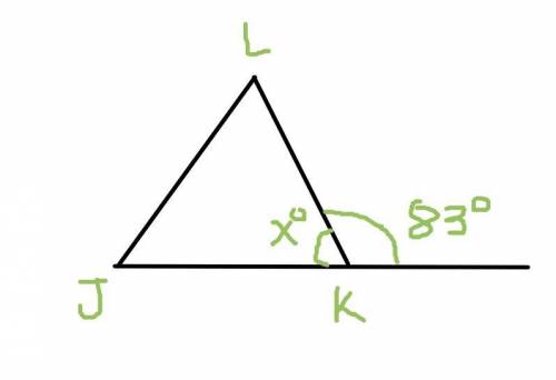 What is the measure of Angle J K L? Triangle J K L . The exterior angle to angle K has a measure of