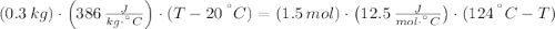 (0.3\,kg)\cdot\left(386\,\frac{J}{kg\cdot ^{\textdegree}C} \right)\cdot (T-20\,^{\textdegree}C) = (1.5\,mol)\cdot \left(12.5\,\frac{J}{mol\cdot ^{\textdegree}C} \right)\cdot (124\,^{\textdegree}C-T)