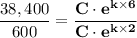 \dfrac{38,400}{600} = \mathbf{\dfrac{C \cdot e^{k \times 6}}{C \cdot e^{k \times 2}}}