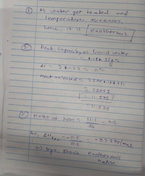 A student dissolves 11.1 g of potassium hydroxide (KOH) in 250. g of water in a well-insulated open