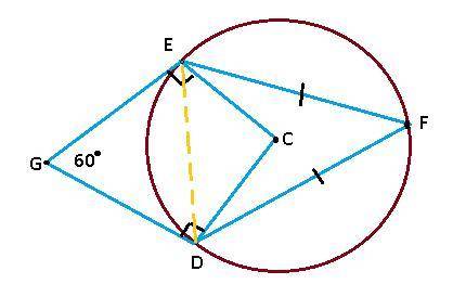 Points E, F, and D are on circle C, and angle G measures 60°. The measure of arc EF equals the measu
