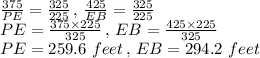 \frac{375}{PE}=\frac{325}{225}\,,\,\frac{425}{EB}=\frac{325}{225}\\PE=\frac{375\times 225}{325}\,,\,EB=\frac{425\times 225}{325}\\PE=259.6\,\,feet\,,\,EB=294.2\,\,feet