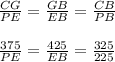 \frac{CG}{PE}=\frac{GB}{EB}=\frac{CB}{PB}\\\\\frac{375}{PE}=\frac{425}{EB}=\frac{325}{225}