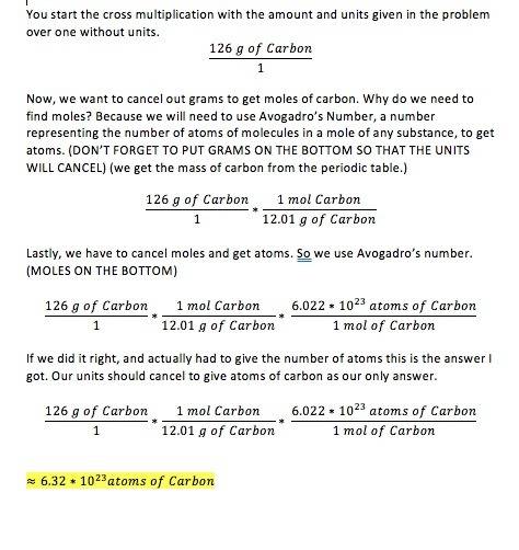 Which equivalence factor set should you use to convert 126 g c to atoms c?  (1 mol c/126 g c)(6.02 x