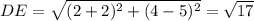 DE=\sqrt{(2+2)^2+(4-5)^2}=\sqrt{17}