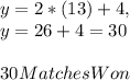 y = 2 * ( 13 ) + 4,\\y = 26 + 4 = 30\\\\30 Matches Won