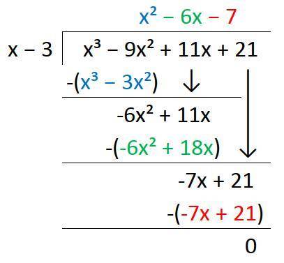 If f(x)=x^3-9x^2+11x+21f(x)=x 3 −9x 2 +11x+21 and x-3x−3 is a factor of f(x)f(x), then find all of t
