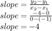 slope=\frac{y_2-y_1}{x_2-x_1} \\slope=\frac{-4-0}{0-(-1)}\\slope = -4