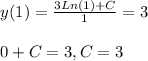 y( 1 ) = \frac{3Ln(1) + C }{1} = 3\\\\0 + C = 3, C = 3