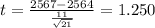 t=\frac{2567-2564}{\frac{11}{\sqrt{21}}}=1.250