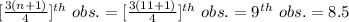 [\frac{3(n+1)}{4}]^{th}\ obs.=[\frac{3(11+1)}{4}]^{th}\ obs.=9^{th }\ obs. =8.5