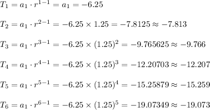 T_{1}=a_{1}\cdot r^{1-1}=a_{1}=-6.25\\\\T_{2}=a_{1}\cdot r^{2-1}=-6.25\times 1.25=-7.8125\approx -7.813\\\\T_{3}=a_{1}\cdot r^{3-1}=-6.25\times (1.25)^{2}=-9.765625\approx -9.766\\\\T_{4}=a_{1}\cdot r^{4-1}=-6.25\times (1.25)^{3}=-12.20703\approx -12.207\\\\T_{5}=a_{1}\cdot r^{5-1}=-6.25\times (1.25)^{4}=-15.25879\approx -15.259\\\\T_{6}=a_{1}\cdot r^{6-1}=-6.25\times (1.25)^{5}=-19.07349\approx -19.073