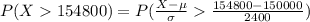 P(X154800)=P(\frac{X-\mu}{\sigma}\frac{154800-150000}{2400})
