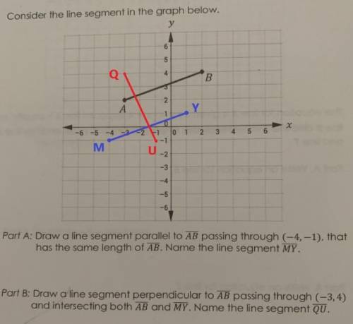 5. Consider the line segment in the graph below. Part A: Draw a line segment parallel to AB passing