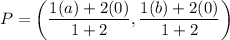 P=\left(\dfrac{1(a)+2(0)}{1+2},\dfrac{1(b)+2(0)}{1+2}\right)