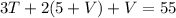 3T + 2(5 + V) + V = 55