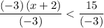 \displaystyle \frac{(-3)\, (x + 2 )}{(-3)} < \frac{15}{(-3)}