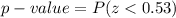 p-value  =  P(z  < 0.53 )