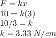 F=kx\\10=k(3)\\10/3=k\\k=3.33\ N/cm