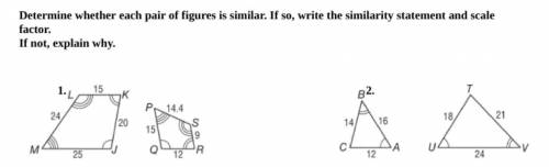 Determine whether each pair of figures is similar. If so, write the similarity statement and scale f