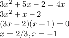 3x^2+5x-2=4x\\3x^2+x-2\\(3x-2)(x+1)=0\\x=2/3, x=-1