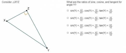 Consider △XYZ Triangle X Y Z is shown. Angle X Z Y is a right angle. What are the ratios of sine, co