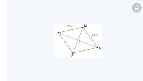 Rhombus L M N O is shown. Diagonals are drawn from point L to point N and from point M to point O an