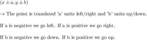 (x\pm a, y\pm b)\\\\\rightarrow \text{The point is translated 'a' units left/right and 'b' units up/down.}\\\\\text{If a is negative we go left. If a is positive we go right.}\\\\\text{If b is negative we go down. If b is positive we go up.}