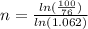n=\frac{ln(\frac{100}{76} )}{ln(1.062)}
