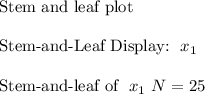 \text{Stem and leaf plot}\\\\\text{Stem-and-Leaf Display:}\ \ x_1\\\\\text{Stem-and-leaf of} \ \  x_1 \ N = 25\\\\
