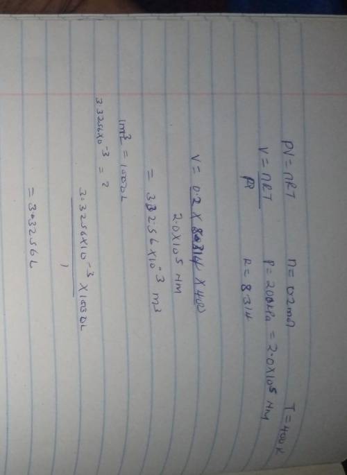 What is the volume of 0.200 mol of an ideal gas at 200. kPa and 400. K?

Use P V equals n R T. and R