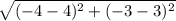 \sqrt{(-4-4)^2 + (-3-3)^2}