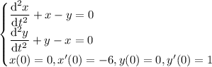 \begin{cases}\dfrac{\mathrm d^2x}{\mathrm dt^2} + x - y = 0 \\ \dfrac{\mathrm d^2y}{\mathrm dt^2} + y - x = 0 \\ x(0) = 0, x'(0) = -6, y(0) = 0, y'(0) = 1\end{cases}
