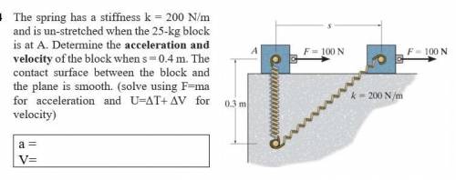 The spring has a stiffness k=200 N/m and is unstretched when the 25 kg block is at A. Determine the