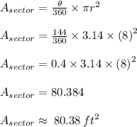 A_{sector}  =  \frac{ \theta}{360 \degree}  \times \pi {r}^{2} \\  \\ A_{sector}  =  \frac{144 \degree}{360 \degree}  \times 3.14 \times  {(8)}^{2}  \\  \\ A_{sector}  =  0.4 \times 3.14 \times  {(8)}^{2}  \\  \\  A_{sector} = 80.384 \\  \\  A_{sector} \approx \: 80.38 \:  {ft}^{2}