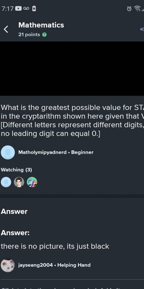 What is the greatest possible value for STATS in the cryptarithm shown here given that V = 1? [Diffe