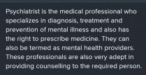 A psychiatrist can:Diagnose and treat mental health disorders.Provide psychological counseling, also