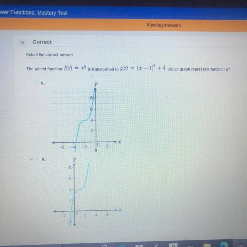 The parent function f(x)=x^3 is transformed to g(x)=(x-1)^3+4. Which graph represents function g?